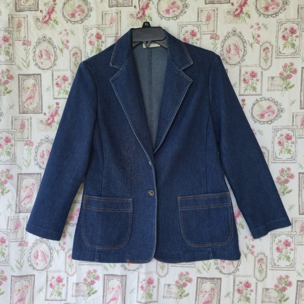 Vintage 70s Blue Denim Blazer Womens S/M Two Button Contrast Stitch Jean Jacket